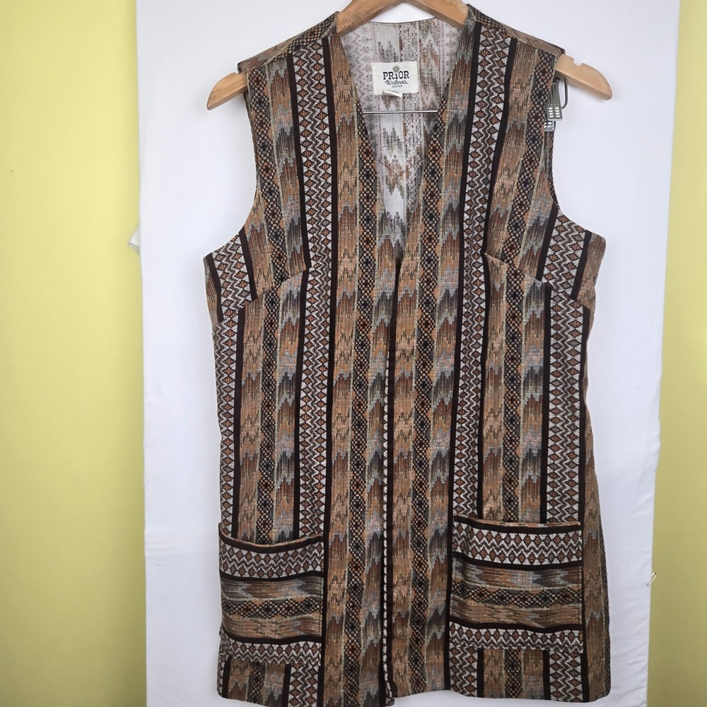 Vintage Prior Westerns Denver Southwestern Geometric Woven Longline Vest Brown